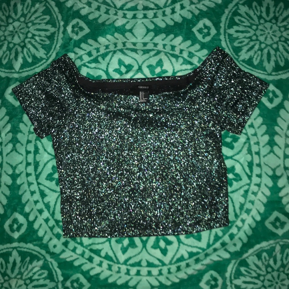 Off the shoulder sparkly green crop top